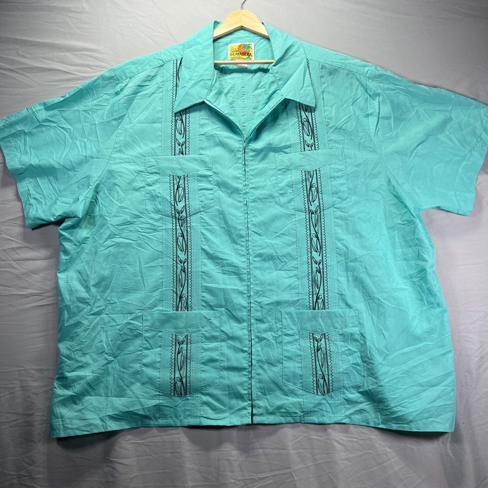 Vintage Haband Guayabera Shirt Mens 4XL Blue Black Embroidery 4 Pockets Retro